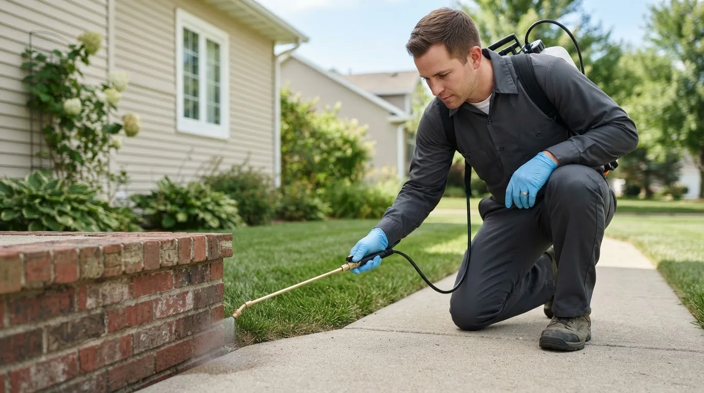Pest control technician treating a home near Starbuck, MN